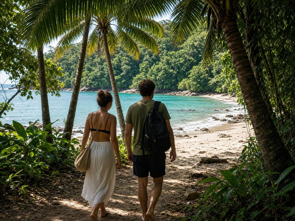 People walking from a car toward a palm-lined beach